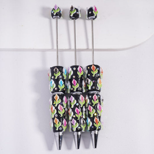 Beadable Clay Pens with Flowers in Assorted Colors, AB Rhinestones