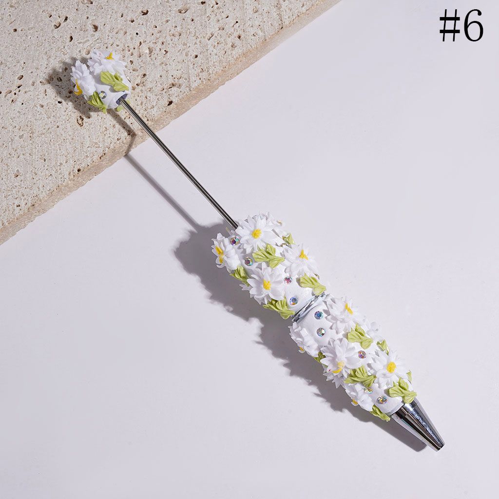 Beadable Clay Pens with Flower Light Green Leaf and AB Rhinestone, Pen Cap with Half-Shell Pearl, Multi-Color