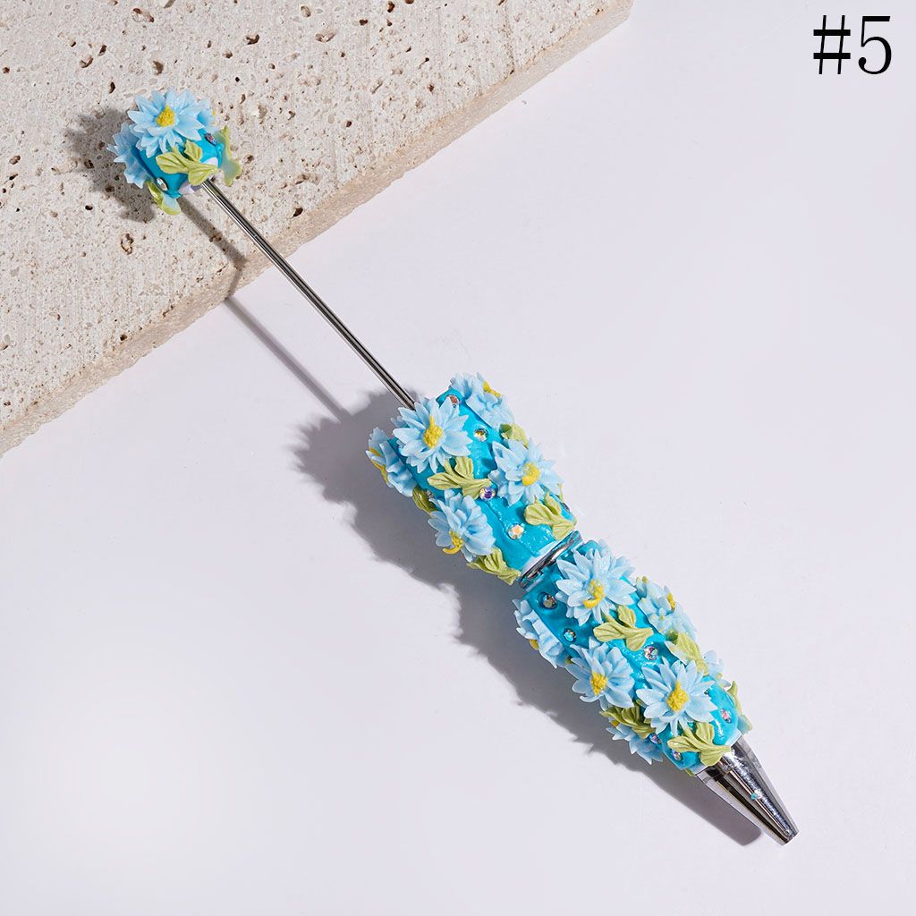 Beadable Clay Pens with Flower Light Green Leaf and AB Rhinestone, Pen Cap with Half-Shell Pearl, Multi-Color