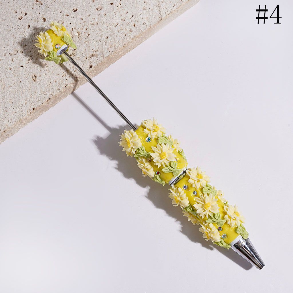 Beadable Clay Pens with Flower Light Green Leaf and AB Rhinestone, Pen Cap with Half-Shell Pearl, Multi-Color