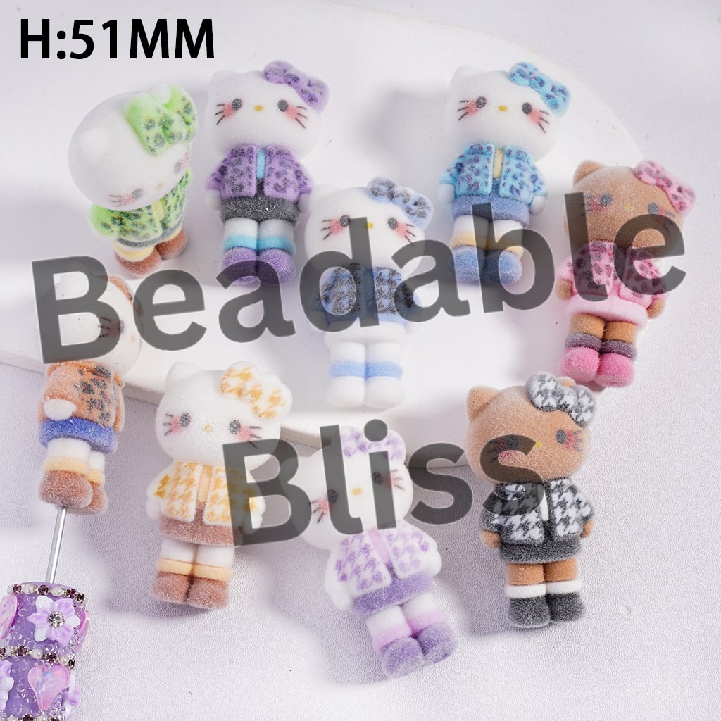 Cute Cat Character Figure with Clothes, can be also used as Acrylic Beads or Pen Topper, Height 51MM, Flocked Fluffy, Multi-Color, Random Mix