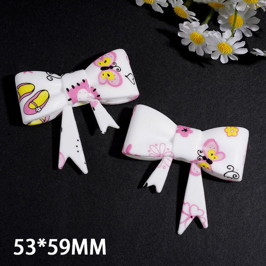 Silicone Focal Beads Soft Bowtie with Flower Butterfly Shoes Prints, 53*59MM