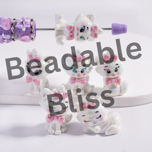 Acrylic Beads Beautiful White Cat Character with Pink Bowtie in Various Gesture, Random Mix