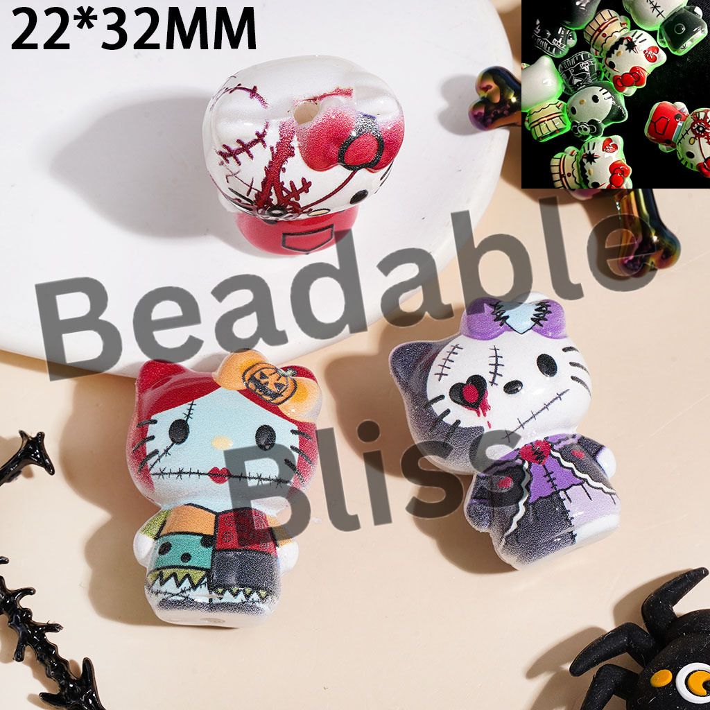 Luminous Cute Cat Character in Halloween Mummy Skull Pirate Horror Costume Acrylic Beads, 22*32MM, Random Mix