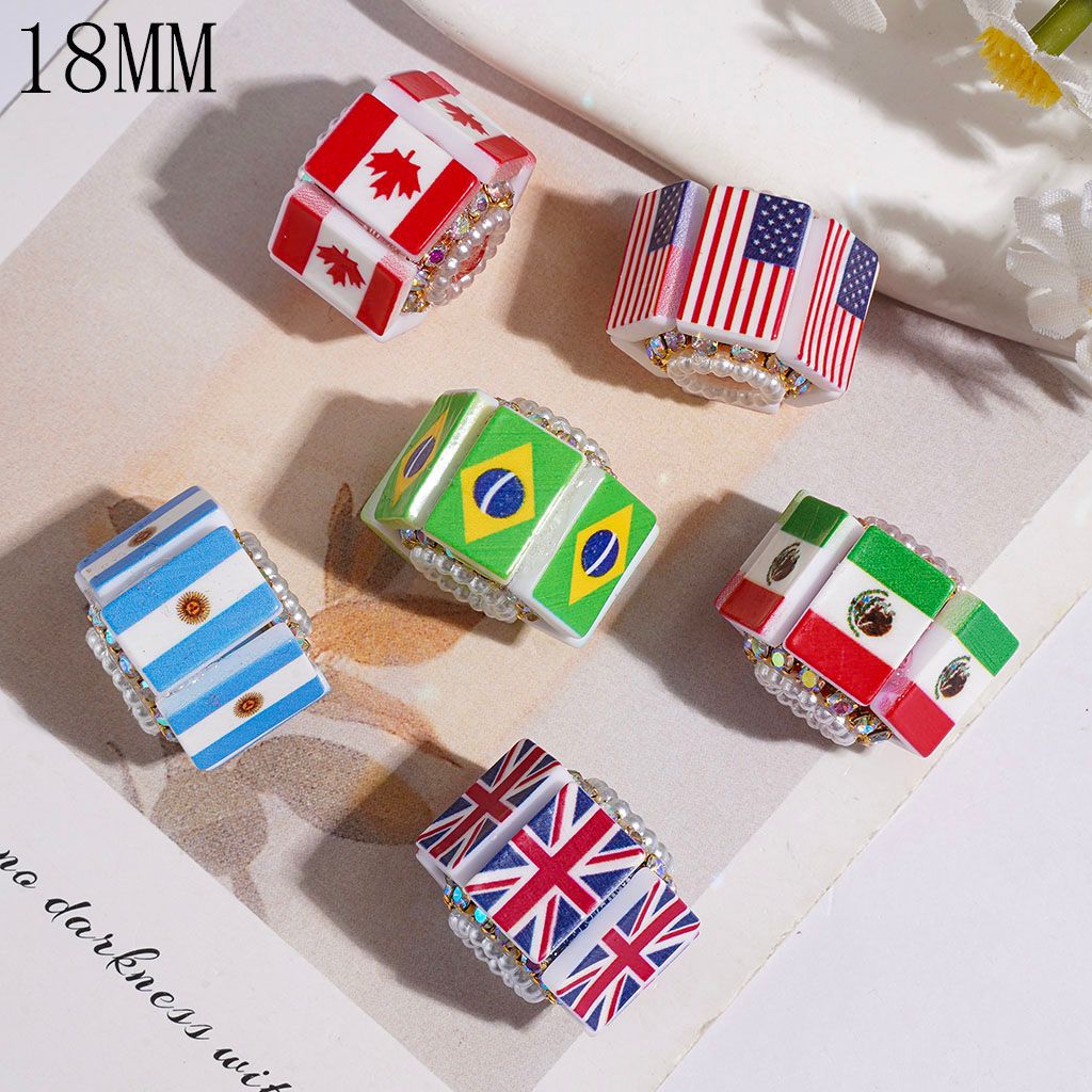 Handmade Acrylic Beads with Various Country Flag in Rectangle Shape, AB Rhinestone Chains and White Pearl Loops, 18MM, Random Mix