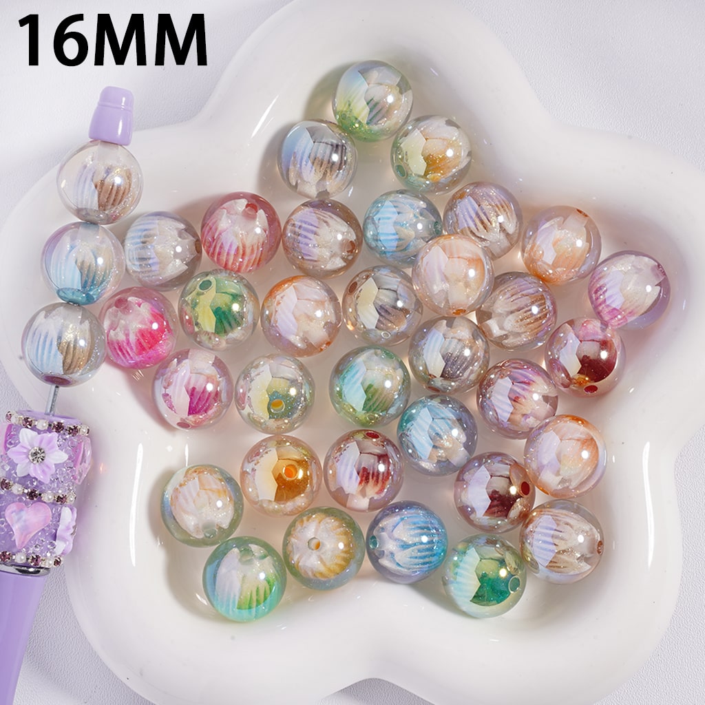 Acrylic Beads for Bracelets UV Coating Budding Flower and Glitter Embedded Inside Bead, 16MM, Semi-Clear, Multi-Color, Random Mix