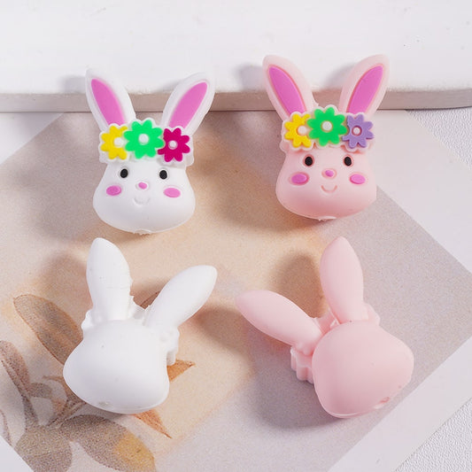 Silicone Focal Beads 3D Lovely Bunny Head with Flower-Ring, Pink and White