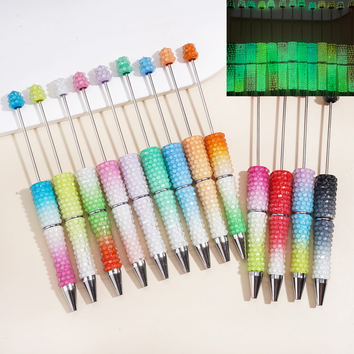 Beadable Pens w Luminous Ombre Colors, Dazzling Iridescent Rhinestones Covering, Multi-Color