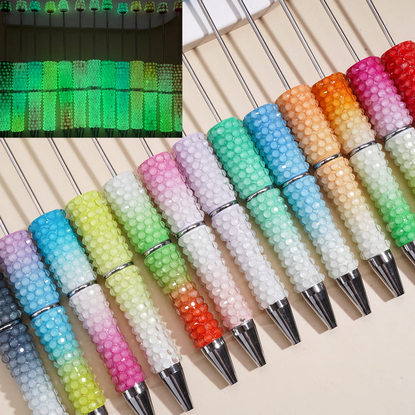 Beadable Pens w Luminous Ombre Colors, Dazzling Iridescent Rhinestones Covering, Multi-Color
