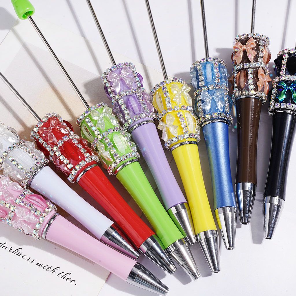 Handcrafted Beadable Pens with Pearlized Bowtie and Glittery Leaf Rhinestones, AB Rhinestone Chains, Multi-Color