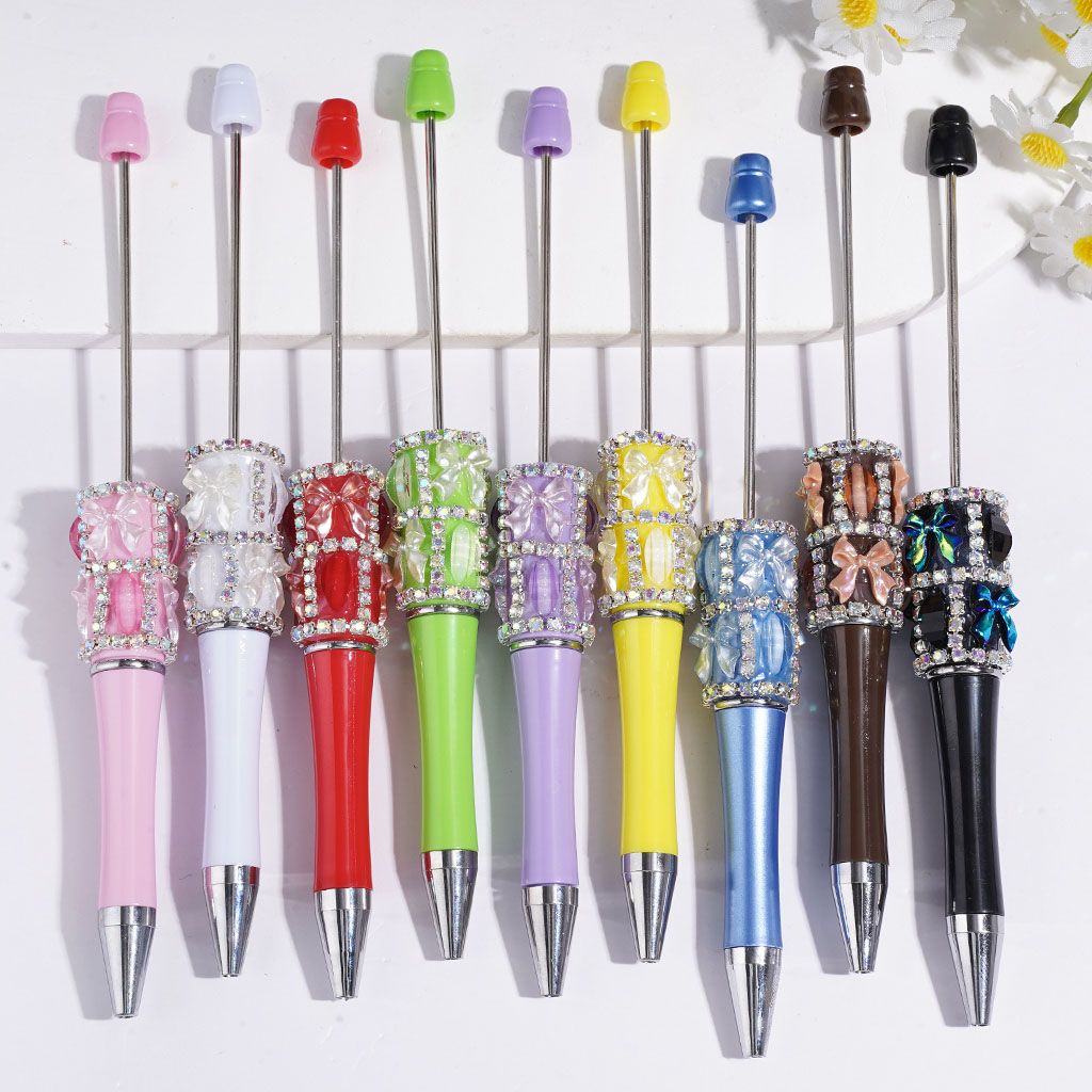 Handcrafted Beadable Pens with Pearlized Bowtie and Glittery Leaf Rhinestones, AB Rhinestone Chains, Multi-Color
