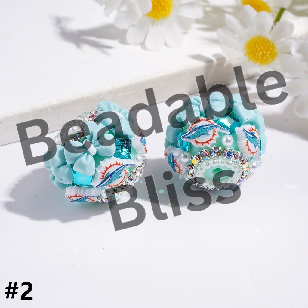 Handcrafted Acrylic Beads with American Football Team, Rose Flower Bowtie Square Crystal Decoration, White Pearl and AB Rhinestone Chains, 21MM