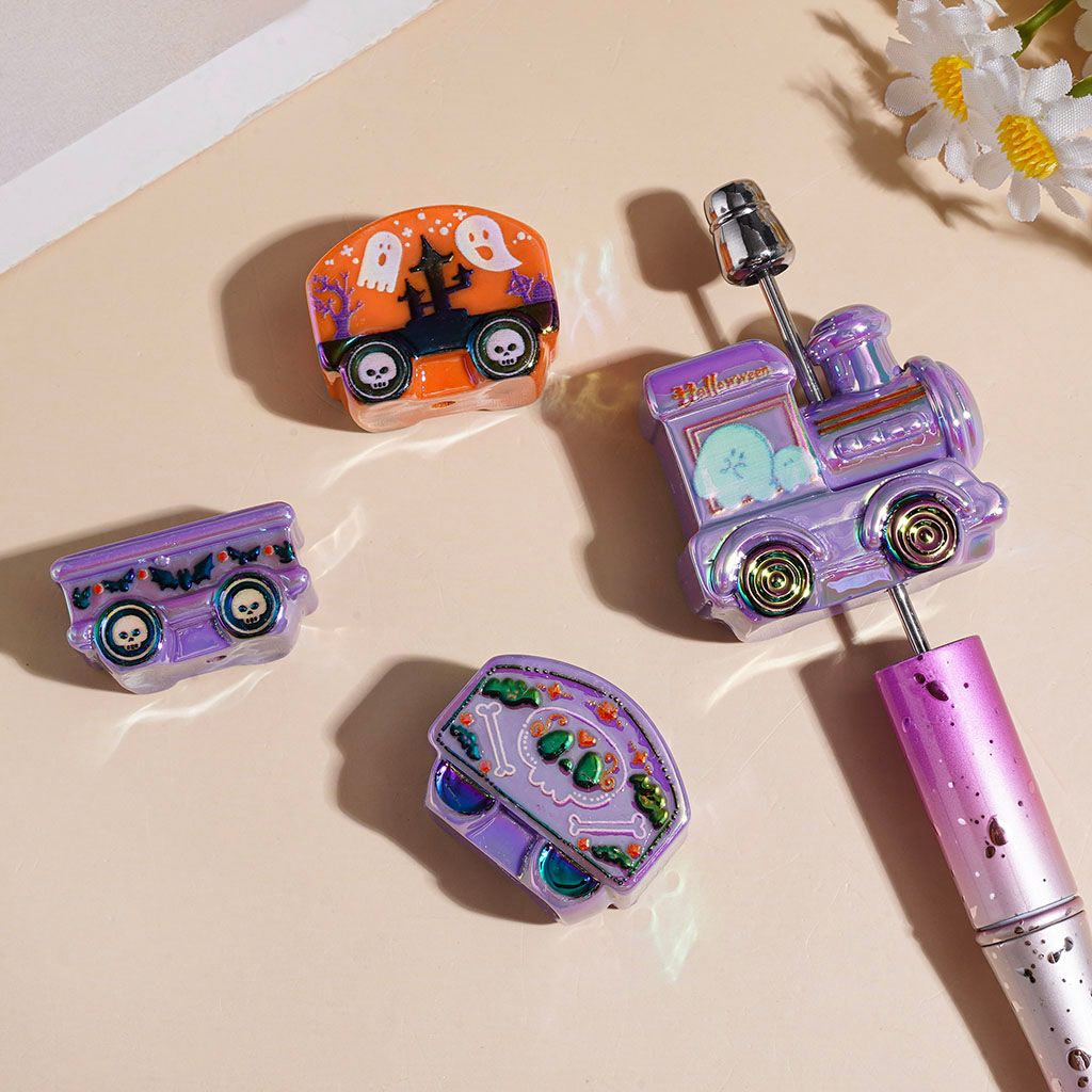 Halloween Locomotive and Carriage UV-Coated Acrylic Beads, Orange Purple Random Mix