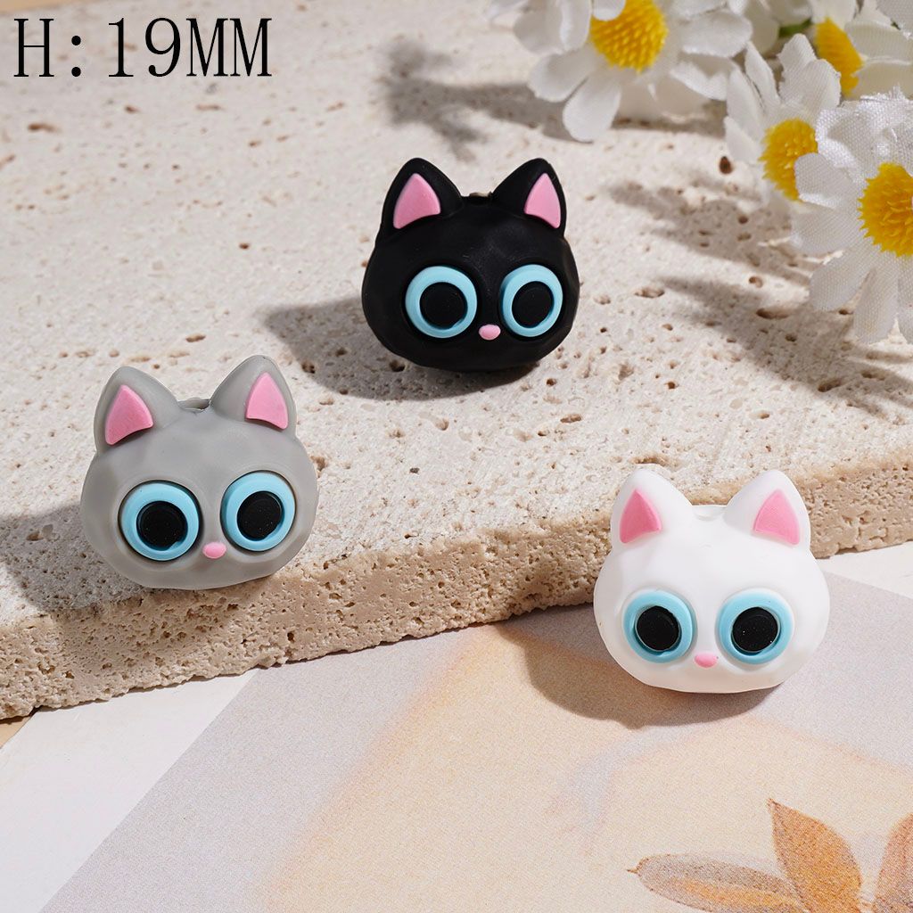 3D Silicone Focal Beads Cat Head, Height 19MM, Black Gray White