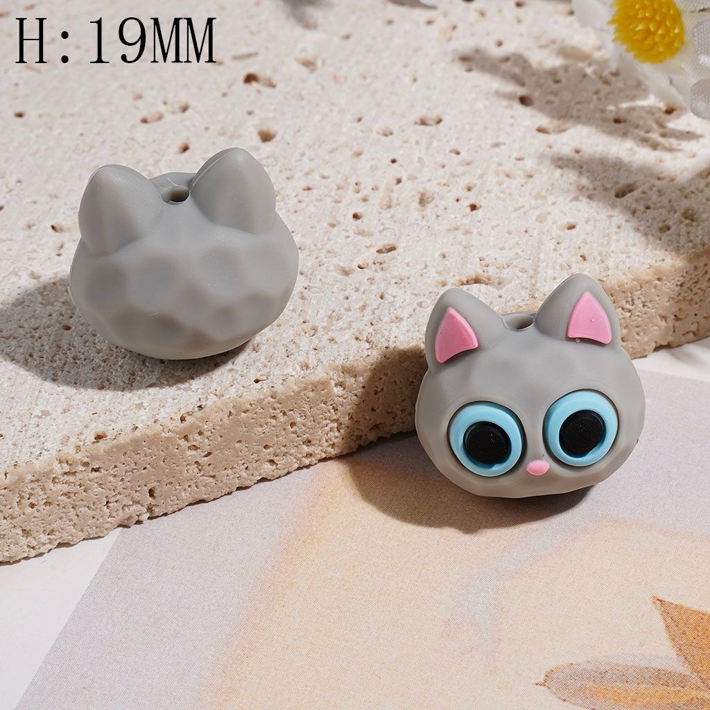 3D Silicone Focal Beads Cat Head, Height 19MM, Black Gray White