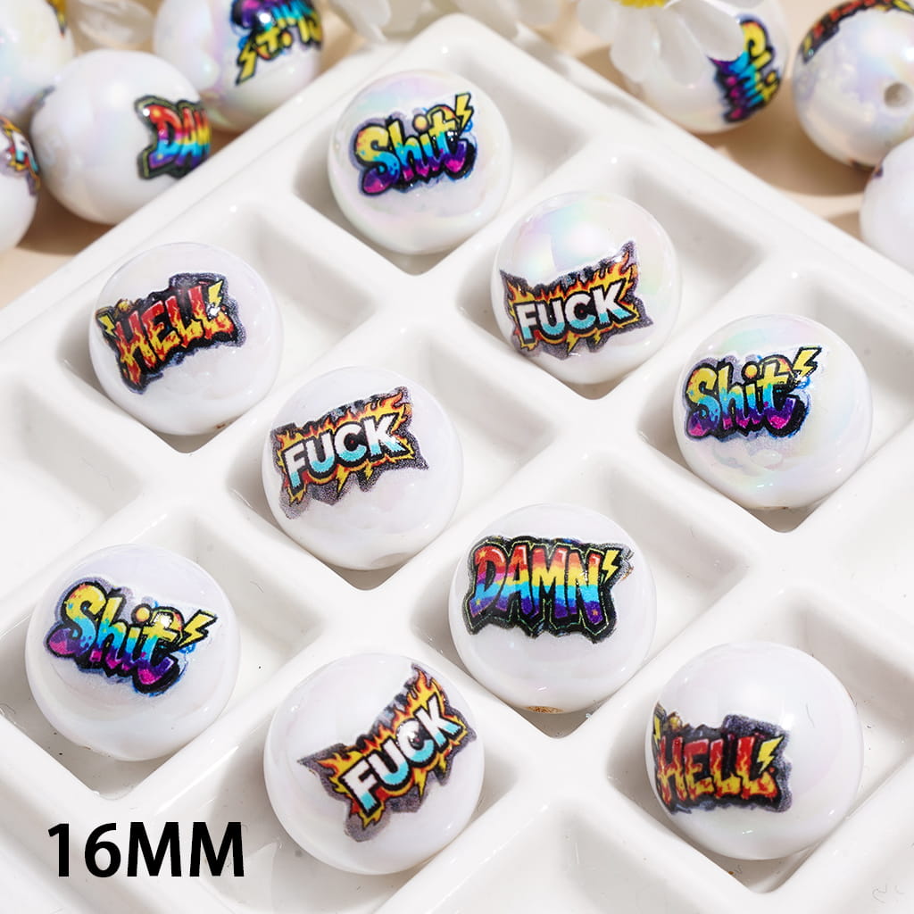 UV Coating Acrylic Beads for Bracelets w Humor Word Print Design, 16MM, Random Mix