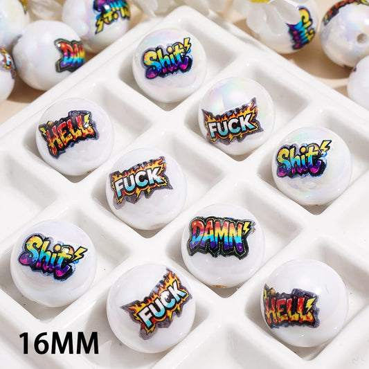 UV Coating Acrylic Beads for Bracelets w Humor Word Print Design, 16MM, Random Mix