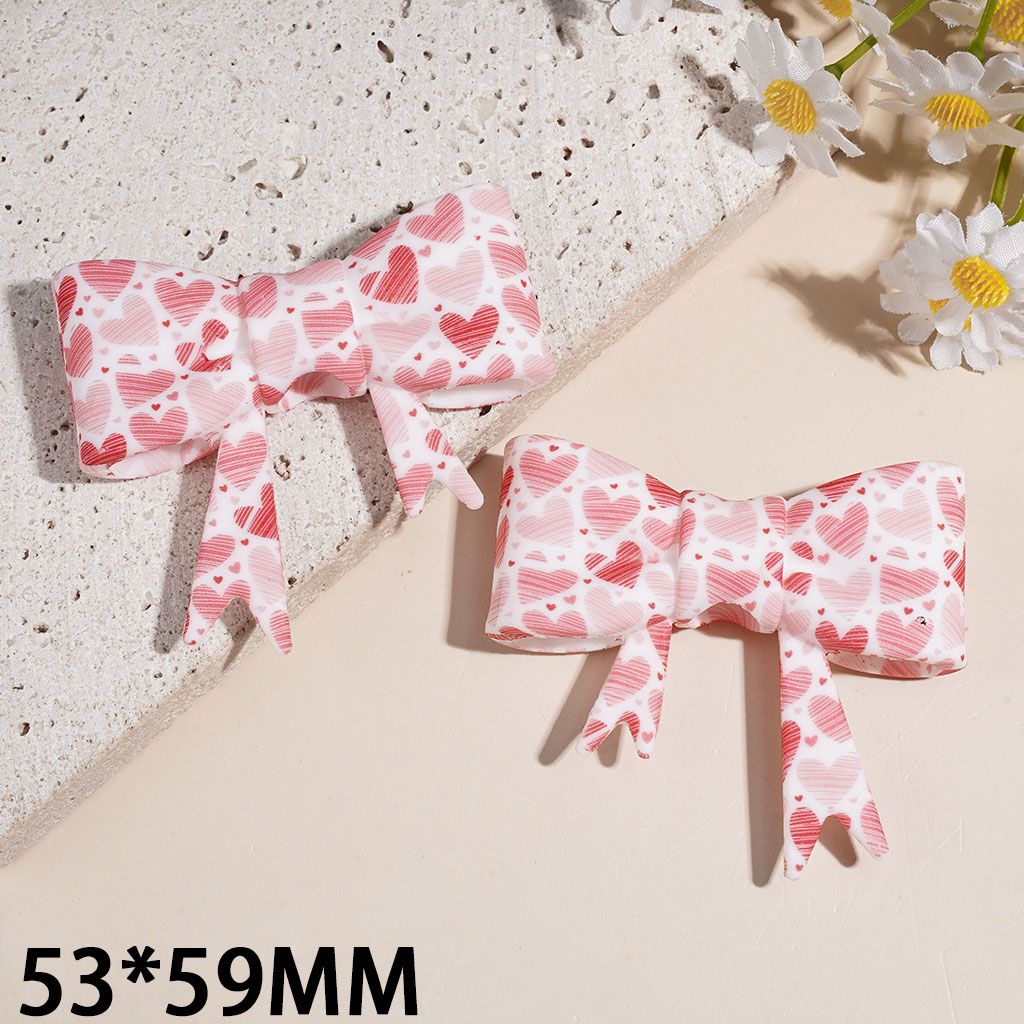 Soft Bowtie with Pink Red Hearts Printed Silicone Focal Beads, 53*59MM