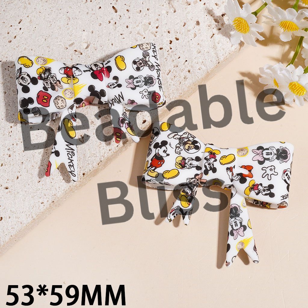 Silicone Focal Beads Soft Bowtie with Classic Animation Mouse Characters Prints, 53*59MM