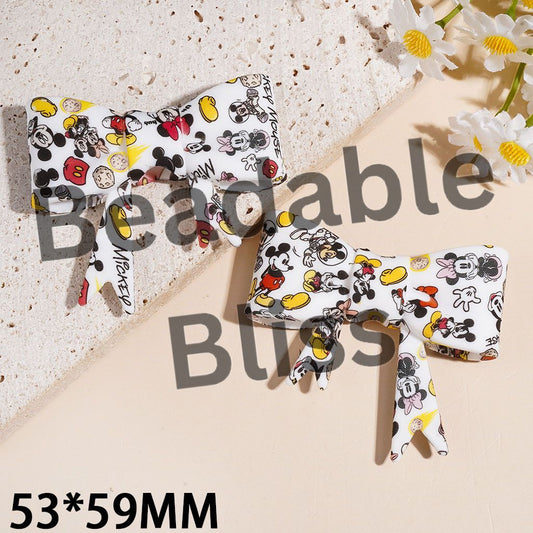 Silicone Focal Beads Soft Bowtie with Classic Animation Mouse Characters Prints, 53*59MM