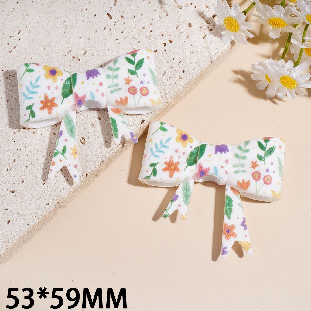 Soft Bowtie with Cartoon Style Flowers and Leaf Printed Silicone Focal Beads, 53*59MM