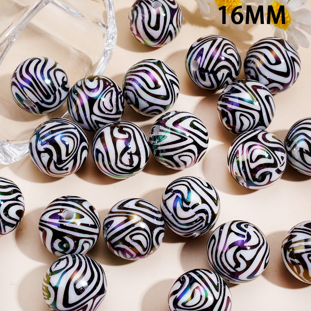 UV Coating Acrylic Beads for Bracelets w Black and White Swirl Zebra Stripe Print Design, 16MM