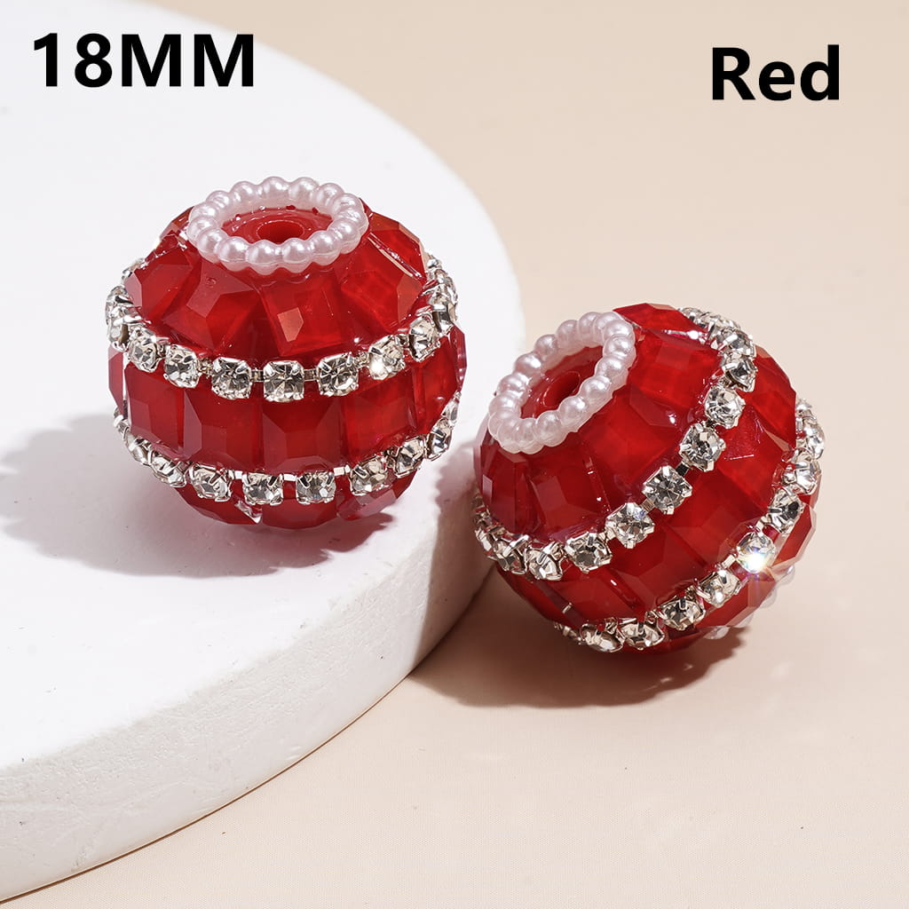Handmade Acrylic Beads with Square Rhinestones, Clear Rhinestone and White Pearl Chains, 18MM, Neon Color