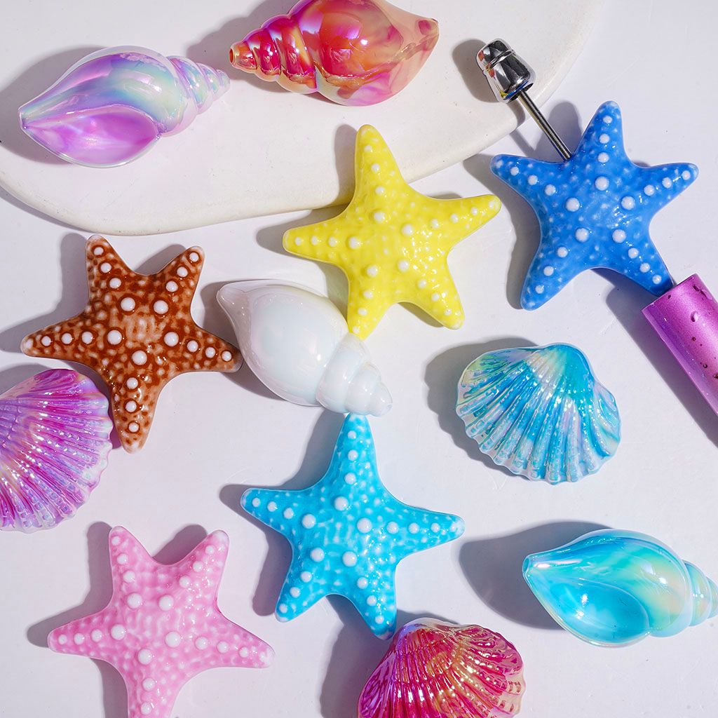 UV Coating Vivid Starfish Conch Scallop Acrylic Beads, Various Colors, Random Mix