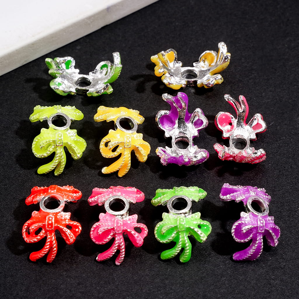 Metal Spacer Beads w Fluorescent Bow Flower Design, Silver Plated, Multi-Color, Random Mix