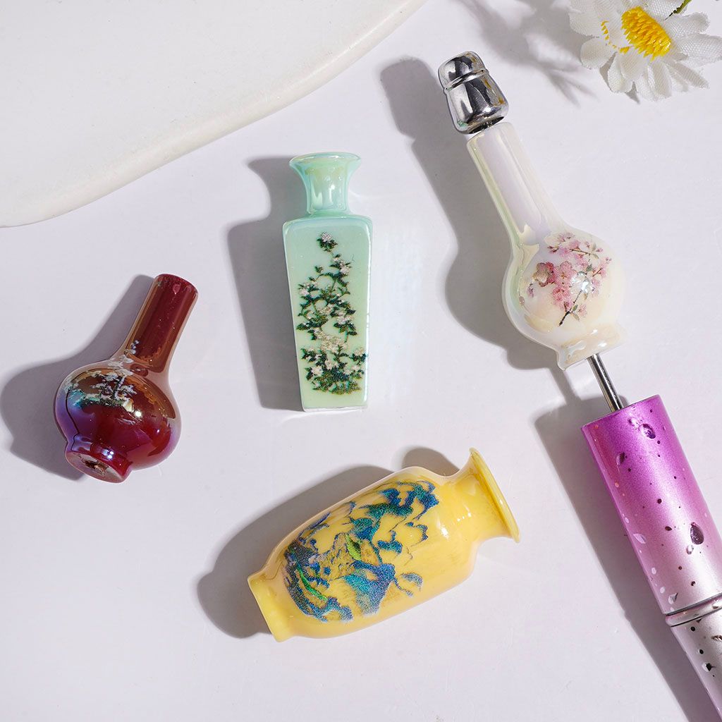 Acrylic Beads UV Coating Chinese Style Flower Vase with Landscape Prints, Random Mix