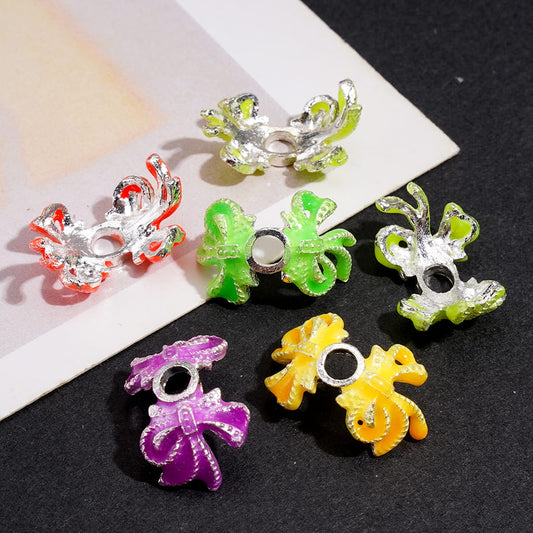 Metal Spacer Beads w Fluorescent Bow Flower Design, Silver Plated, Multi-Color, Random Mix