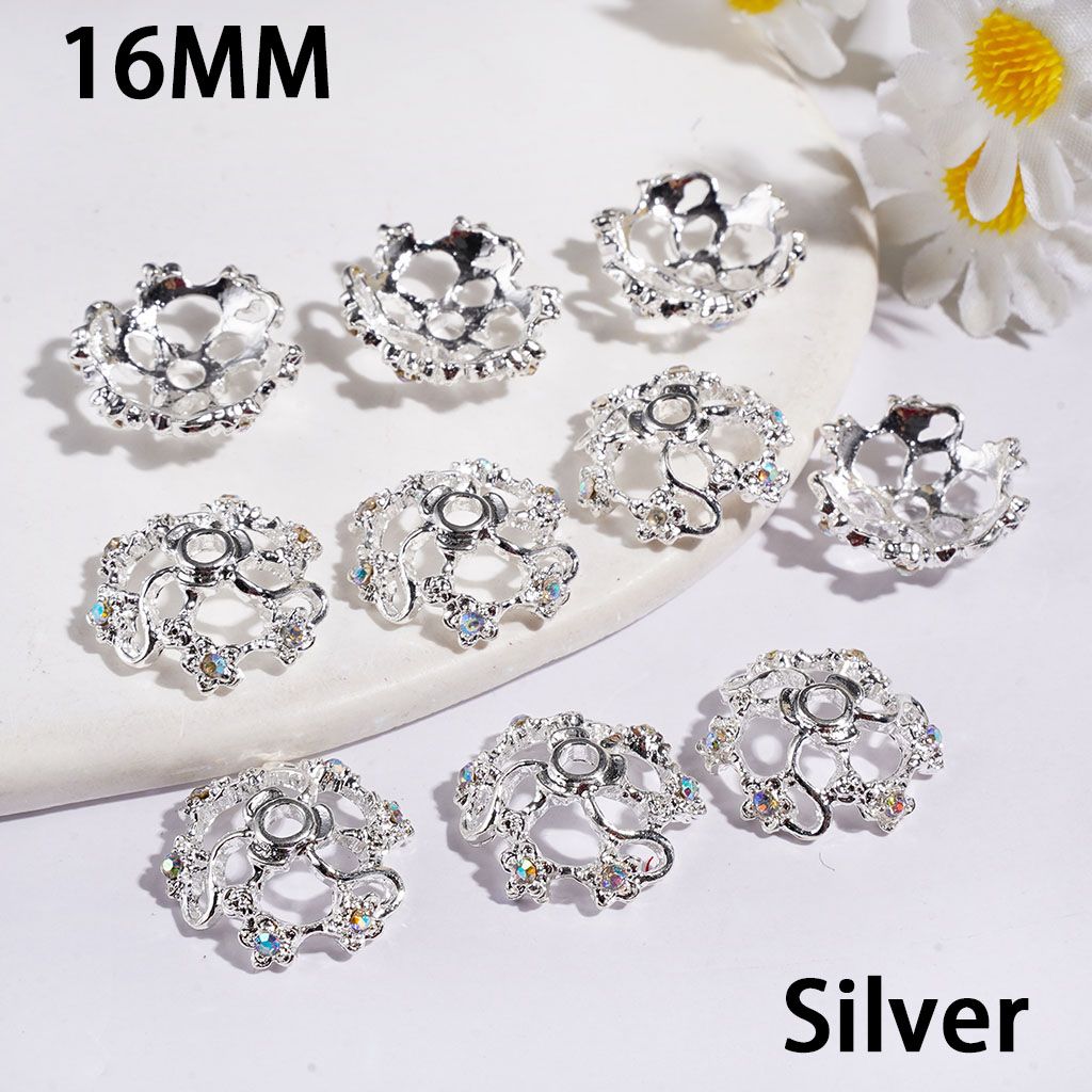 Bead Cages Vortical Fan Profile Design with Flower & AB Rhinestones, Metal Bead Cap, 16MM, Metallic Colors (They Fit 16MM Beads)