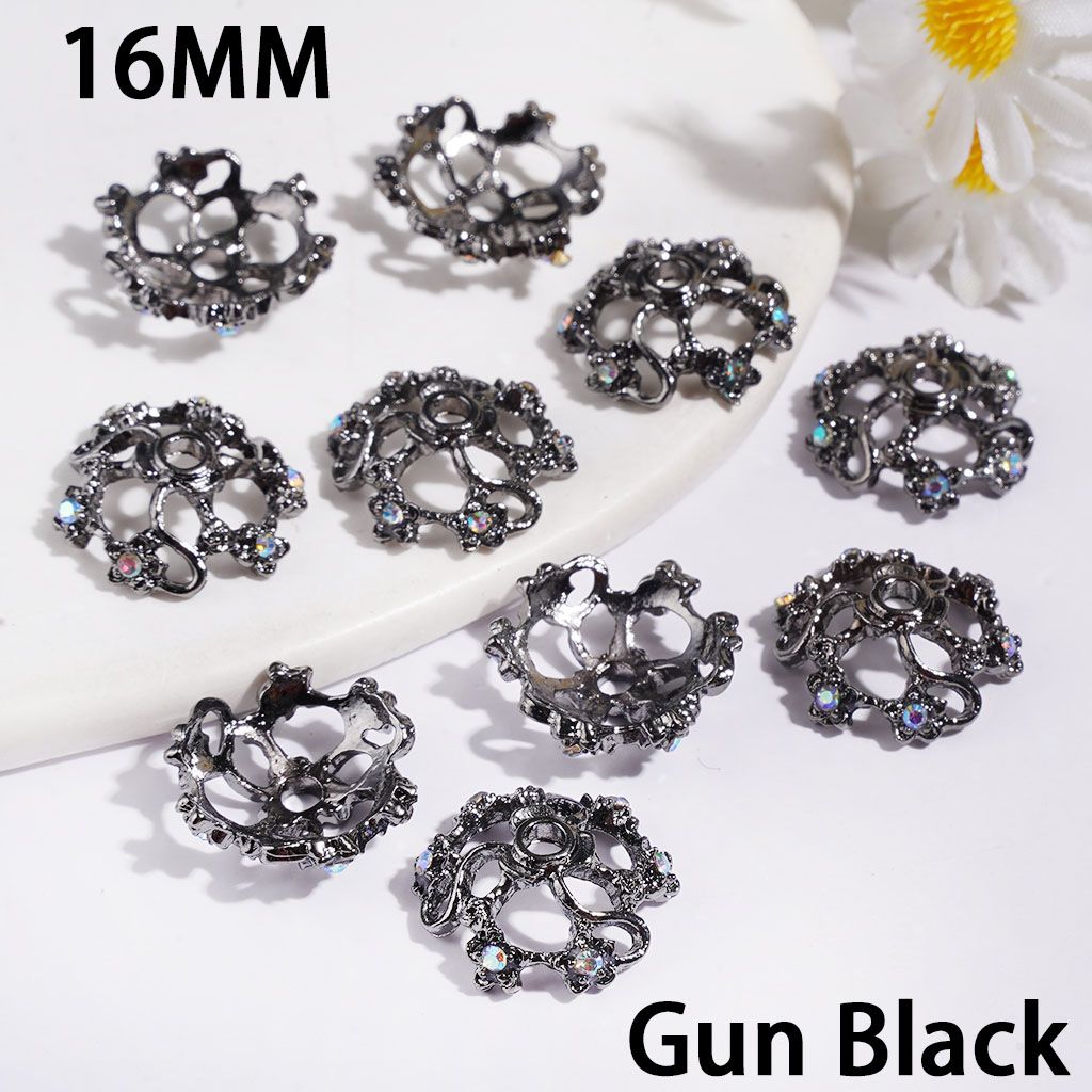 Bead Cages Vortical Fan Profile Design with Flower & AB Rhinestones, Metal Bead Cap, 16MM, Metallic Colors (They Fit 16MM Beads)