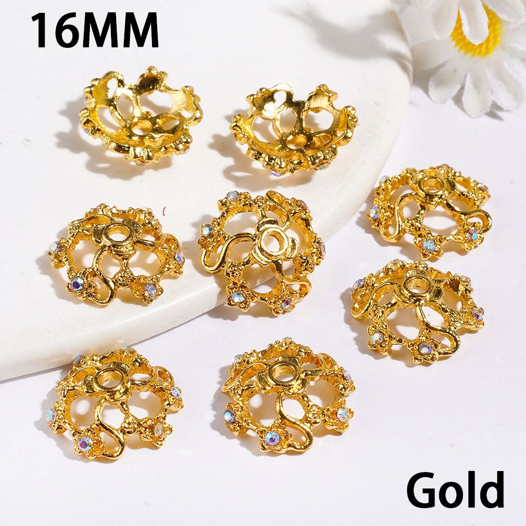 Bead Cages Vortical Fan Profile Design with Flower & AB Rhinestones, Metal Bead Cap, 16MM, Metallic Colors (They Fit 16MM Beads)
