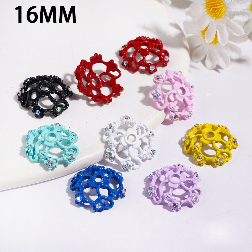 Alloy Bead Cages Vortical Fan Profile Design w Flower & Mini AB Rhinestones, Bead Cap, 16MM, Multi-Color, Random Mix (They Fit 16MM Beads)