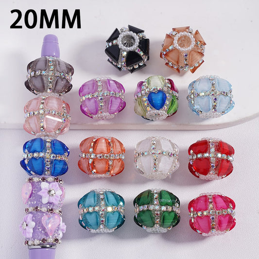 Assorted colorful beads with decorative elements on a white background, labeled '20MM'.
