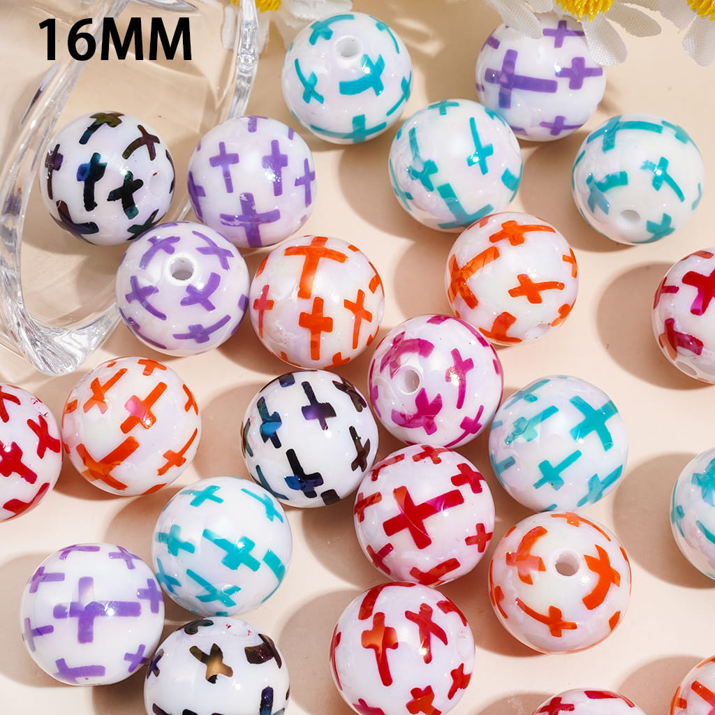 UV Coating Acrylic Beads for Bracelets w Multicolor Cross Print Design, 16MM, Random Mix