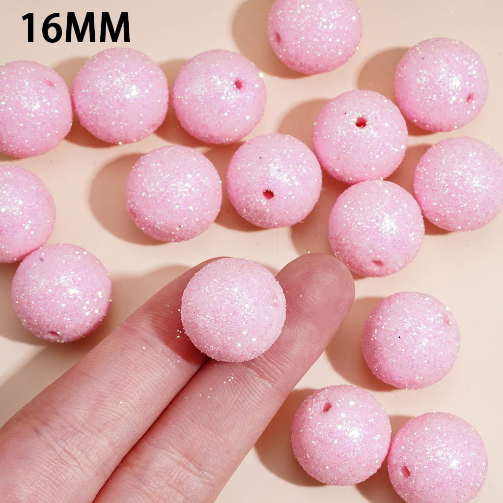 Pink Acrylic Beads for Bracelets, Round Shape with Glitter, 16MM