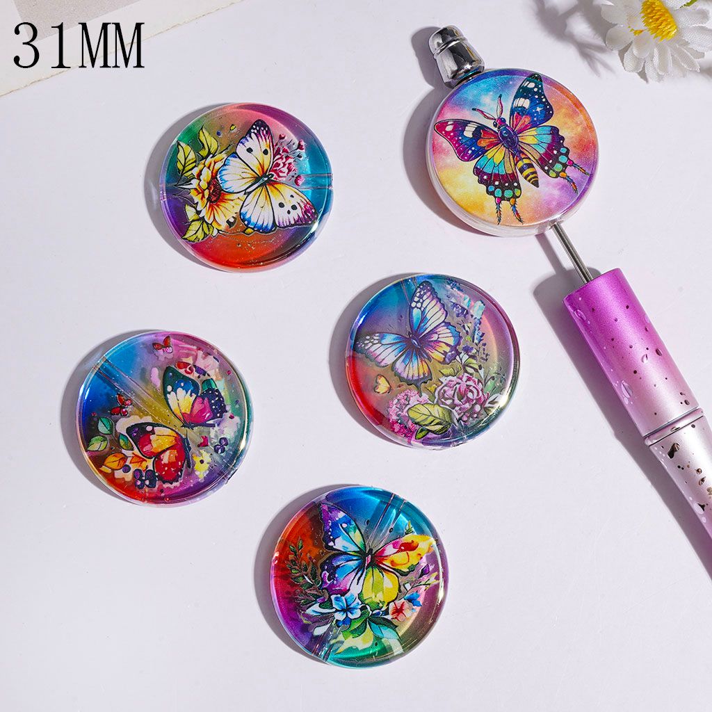Acrylic Beads UV Coating Colorful Butterfly and Flower, 31MM, Flat Round Shape, Random Mix