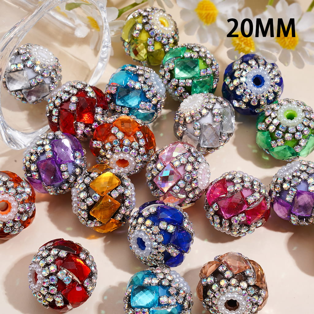 Hand-Made Acrylic Beads w Rhombus Crystal, AB Rhinestone Chain & White Pearl Ring, 20MM, Random Mix