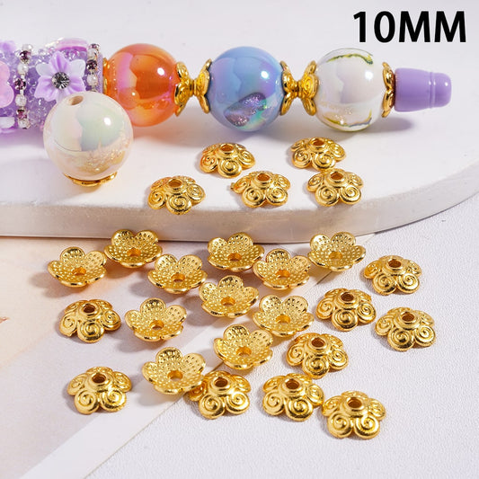 Metal Bead Five-Petaled Flower Shape Spacer with Fortune Floral Scroll Patterns, 10MM, Gold (They Fit 16MM Beads)