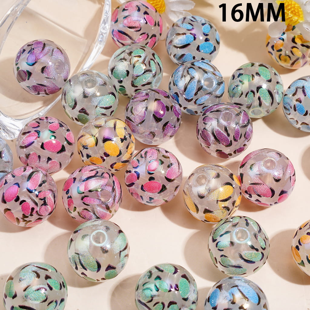 UV Coating Acrylic Beads with Colorful Leopard Print, 16MM, Random Mix