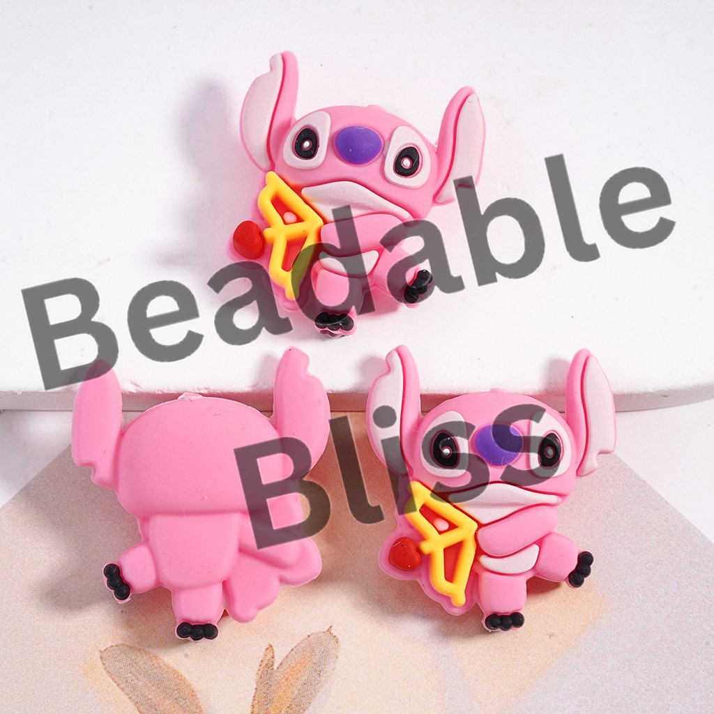 Silicone Focal Beads 3D Girl and Boy Blue Monster Holding Cupid's Arrow Valentine's Day, Pink and Blue