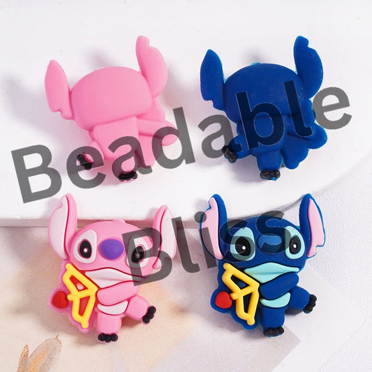 Silicone Focal Beads 3D Girl and Boy Blue Monster Holding Cupid's Arrow Valentine's Day, Pink and Blue