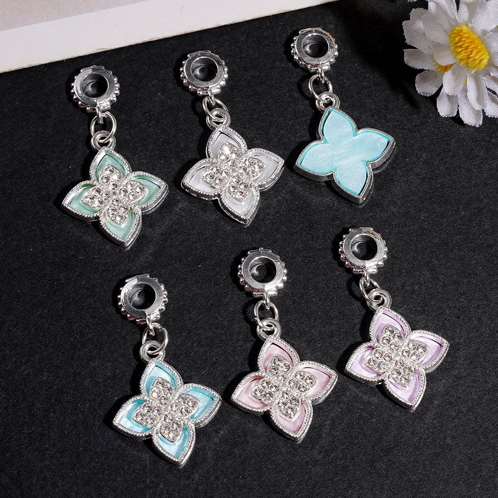 Silver Metal Bail Jump Ring Beads, Charm Pendants Four Leaf Glover with Clear Rhinestones, Multi-Color Random Mix