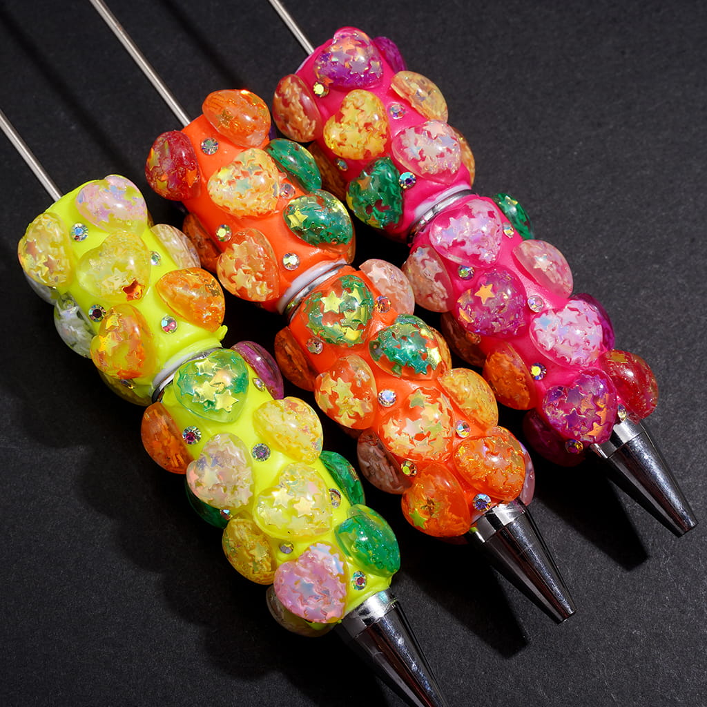 Beadable Clay Pens with Sparkling Sequins Stars in Hearts and AB Rhinestones, Fluorescent Pen Body, Multi-Colors