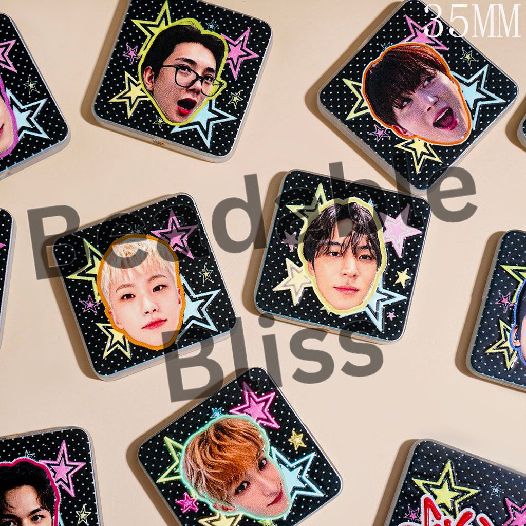 Korea Boy Group Portraits and Star Pattern Acrylic Beads, 35MM, Flat Square Shape, Random Mix