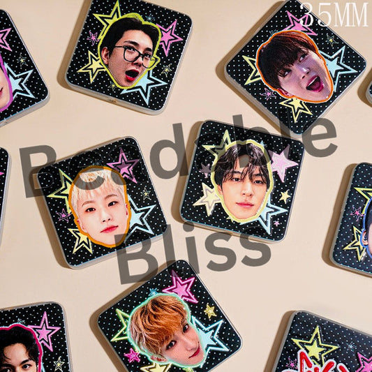 Korea Boy Group Portraits and Star Pattern Acrylic Beads, 35MM, Flat Square Shape, Random Mix