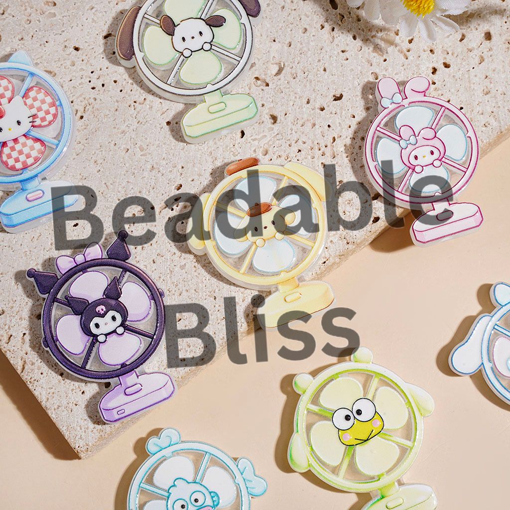 Acrylic Beads Adorable Character Series Dog Cat Girl Frog Ugly Fish Print, Fan Shape, Random Mix