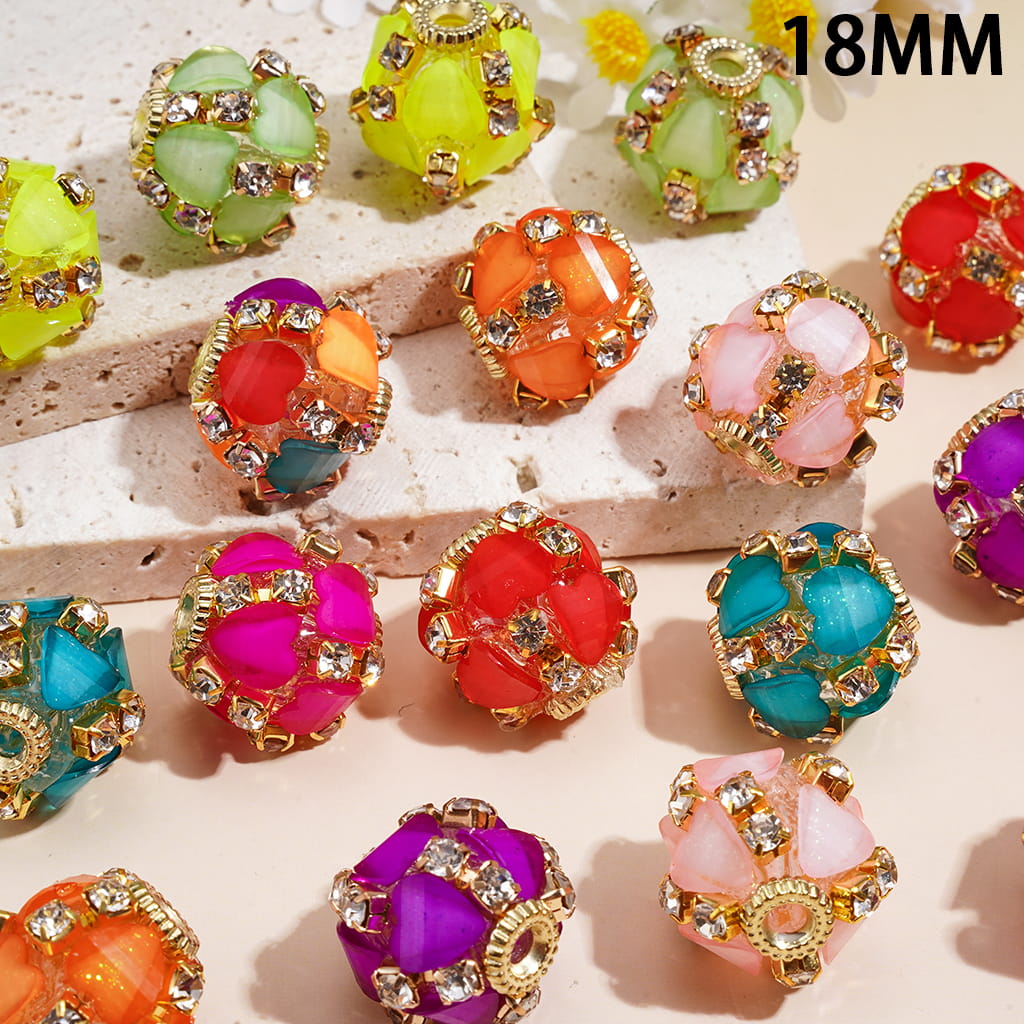 Hand-Made Acrylic Beads w Fluorescent Heart Shape Crystal, Clear Rhinestone Chain & Gold Metal Setting, 18MM Random Mix